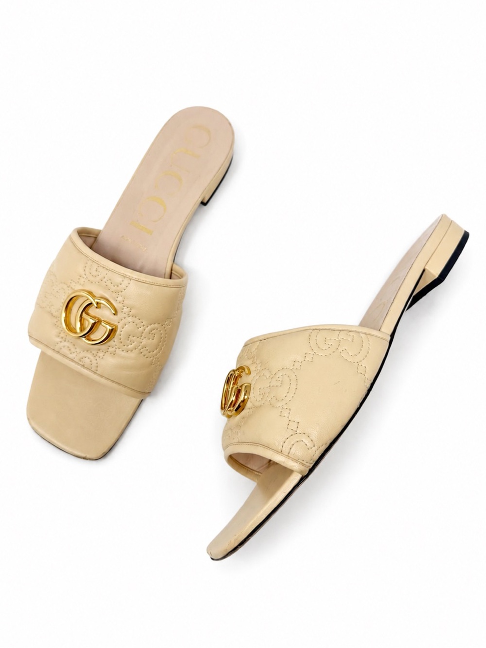 Gucci Jolie Marmont Beige GG Leather Flat Slide Sandals Womens Size EU 42